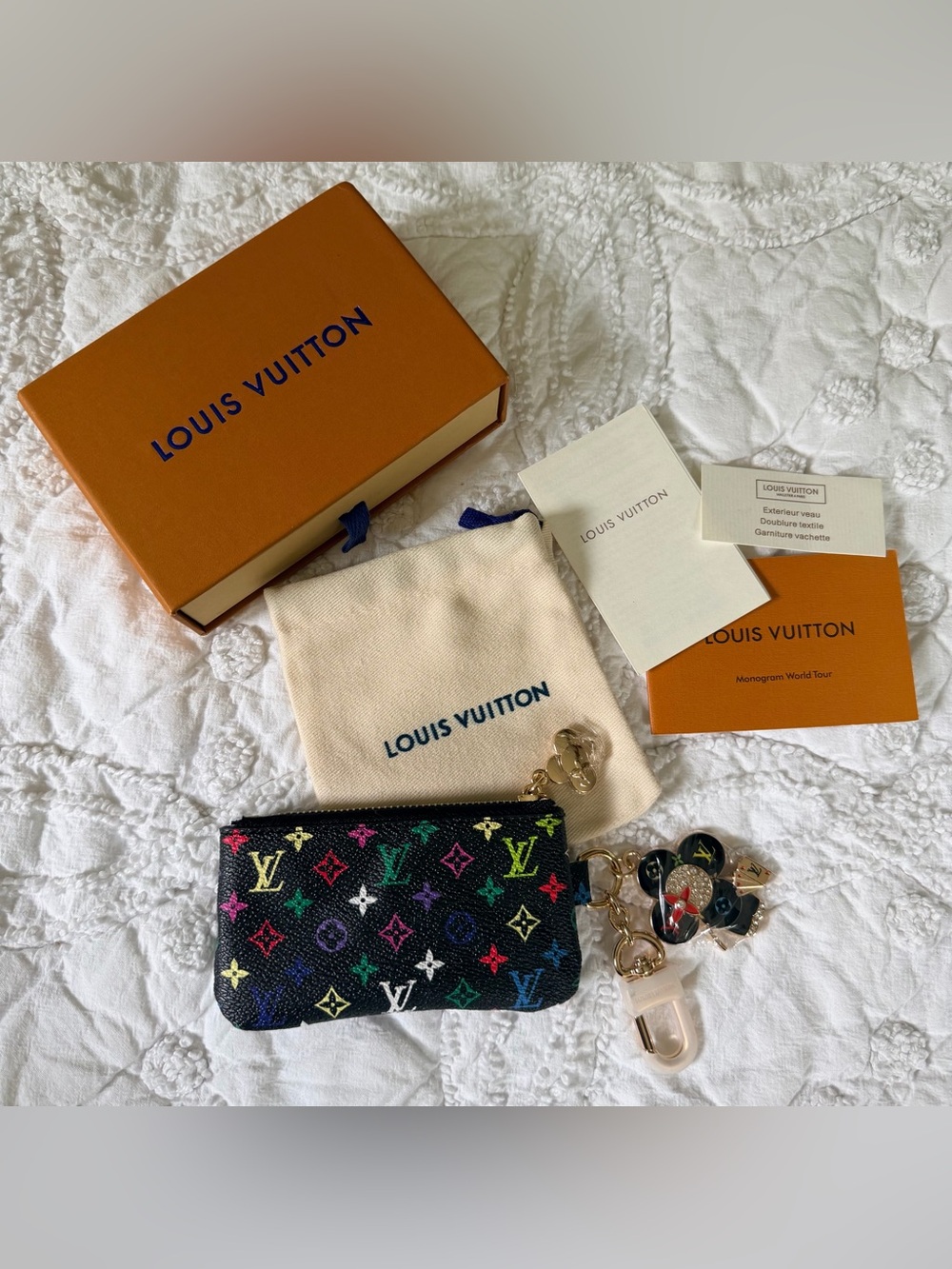 Fashion Louis Vuitton X Takashi Murakami Black Monogram Multicolor Key Pouch NEW